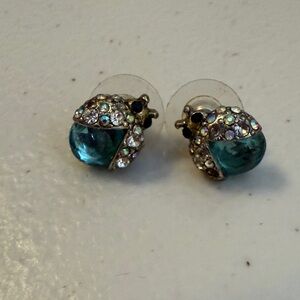 Betsey Johnson Teal and Crystal Ladybug Earrings